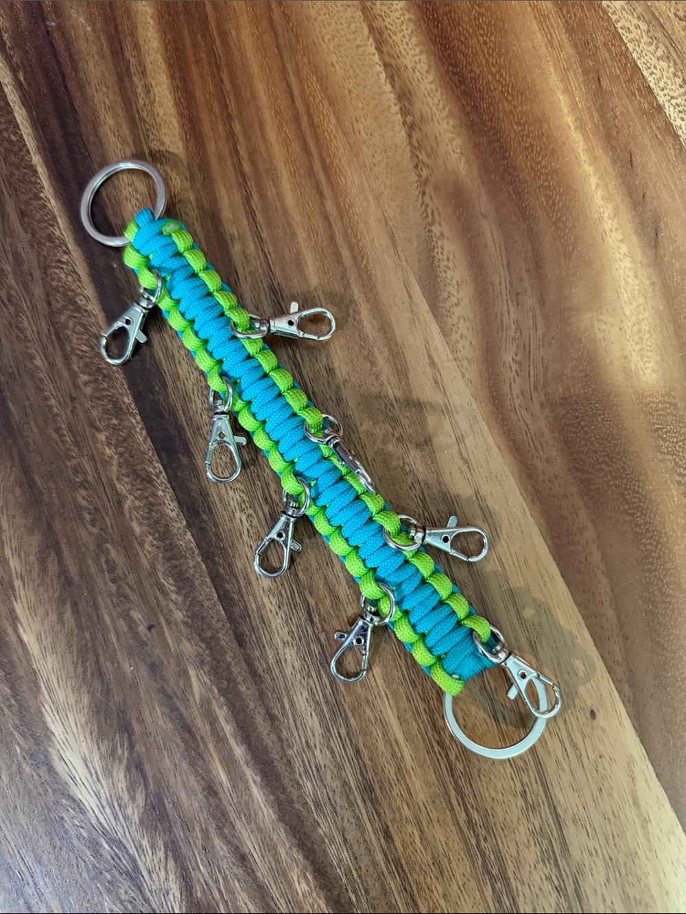 Paracord Keychain Strap with Multiple Lobster Clips (cheer bows)- Blue & Lime
